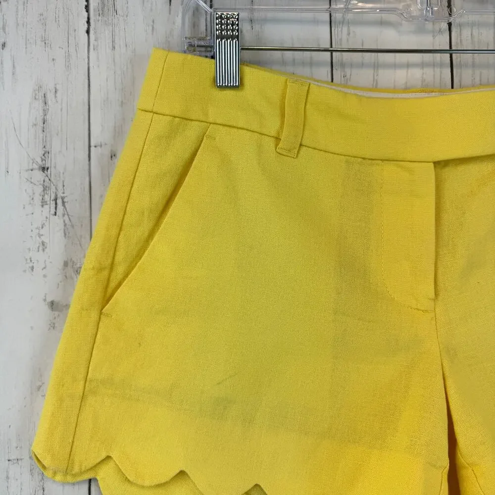 J. Crew Yellow Linen-Cotton Scalloped Hem 4” Shorts Size 2 Style L2142